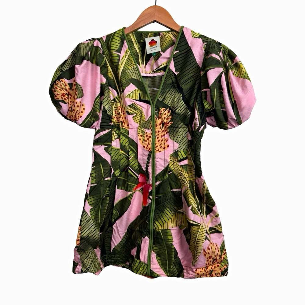 FARM Rio Tropical Floral Tencel Cotton V-Neck Puff Sleeve Dress Size Small